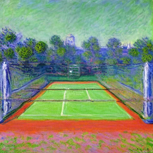 Image similar to tennis court, art by claude monet, impressionism, oil painting, bright colors, advertising painting