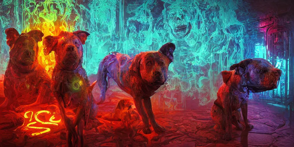 Image similar to the photo of pregnant three-headed dog and priest, bright color, dripping salvia, horror, 3D, high details, by vincent di fate, artgerm julie bell beeple, 90s, octane render, 8K, volumetric lighting, high contract, duo tone, depth of field, very coherent symmetrical artwork