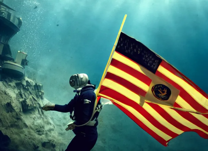 Image similar to astronaut underwater putting a flag in the sand of the bottom of the ocean. in the background, a submarine is visible. dark, concept art, cinematic, dramatic, atmospheric, 8 k, trending on artstation, low visibility, zack snyder