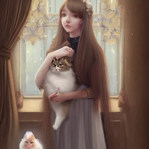 Image similar to portrait of a russian princess in her castle holding a cat in her hand, in the style of ilya kuvshinov and miho hirano, artstation, high quality art, super detail