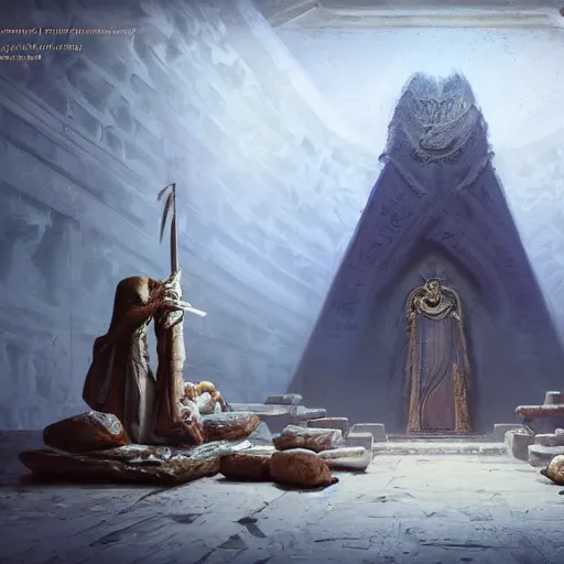 Image similar to fantasy movie scene greg rutkowski digital painting of an ornate and royal egyptian antechamber tomb with a old twisted wooden staff weapon with a blue crystal at it's tip laying on a stone altar, unreal engine, hyper realism, realistic shading, cinematic composition, blender render, octane render, hdr, detailed textures, photorealistic, 3 5 mm film