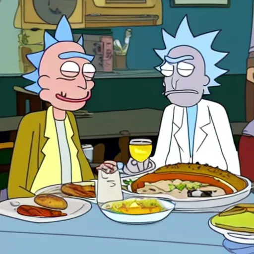 Prompt: Rick and Morty having breakfast in Paris