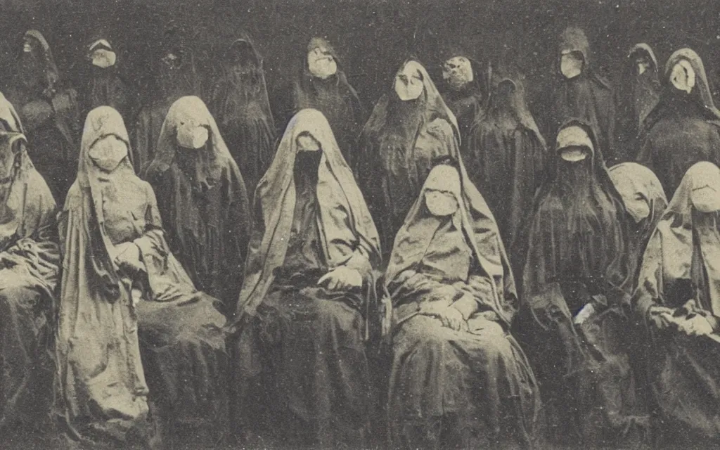 Prompt: 19th century photo of a cult dark old cultists wearing masks by Louis Daguerre