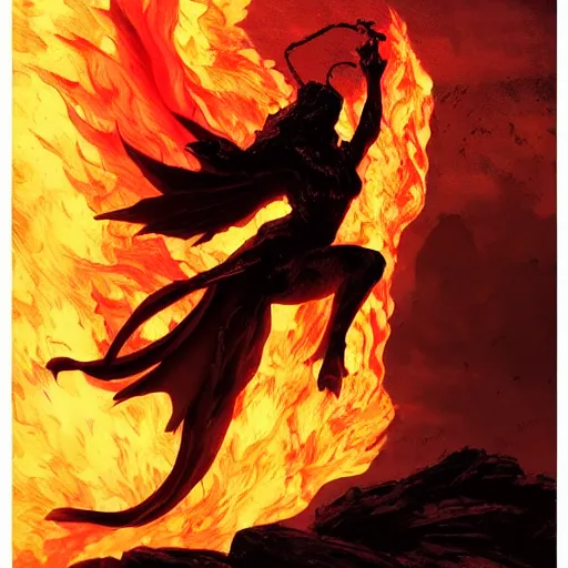 Image similar to a gargoyle in silhouette wearing a flowing gown made of fire, engulfed in a whirling fire tornado firestorm, emitting smoke and sparks, fantasy, cinematic, fine details by realistic shaded lighting poster by ilya kuvshinov katsuhiro otomo, magali villeneuve, artgerm, jeremy lipkin and michael garmash and rob rey