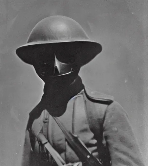 Image similar to a soldier wearing a black mask in distance, ww1 film photo, grainy, high detail, high resolution