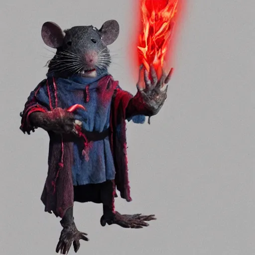 Image similar to photo of a ghostly rat with glowing red eyes, wearing tattered black burlap robes, floating in mist, clutching a blue flame in each hand, anthropomorphic rat, dark sorcerer, dark sorcery, black magick shaman, skaven, master splinter, nicodemus, photorealistic, artstation