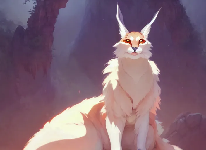 Image similar to cute fluffy caracal wearing white cultist robe, details, fantasy, epic, sacrificial altar, landscape illustration concept art anime key visual trending pixiv fanbox by wlop and greg rutkowski and makoto shinkai and studio ghibli and kyoto animation symmetrical facial features