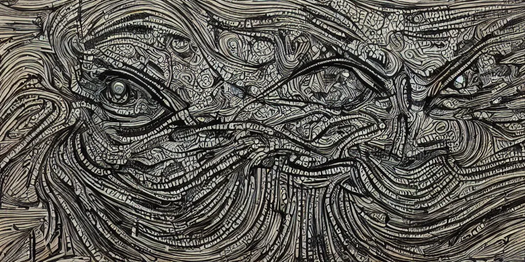 Image similar to camo of lines, technical, acrylic, teeth, eerie, tribal, clay, dots, lines, stipple, points, grid, cybernetic, old painting, swirly eyes, hypnosis