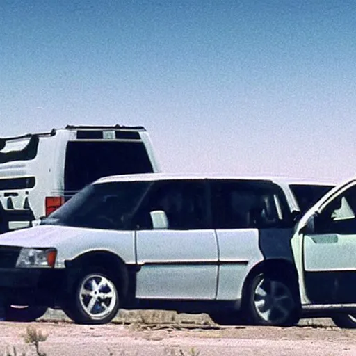 Image similar to scp foundation redacted video footage of scp - 0 9 6 attacking a minivan with a traffic jam in a desert highway.