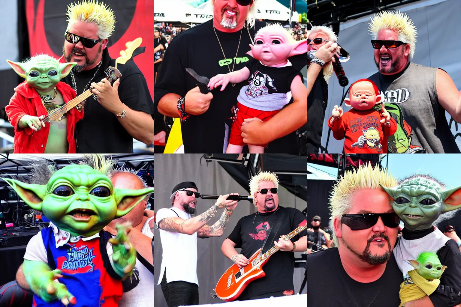 Prompt: guy fieri and baby yoda duet at warped tour