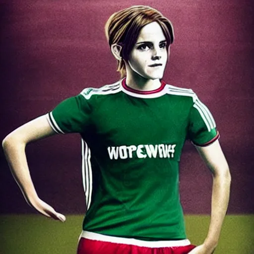 Image similar to emma watson as lokomotiv football player, hyper realistic, highly detailed