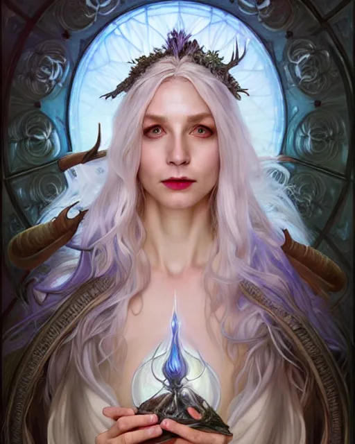 Image similar to realistic wide angle portrait of a beautiful white witch, standing, crafting spells, bright witch, beautiful face, fantasy, chaos, magic, dark magic, dramatic lighting, intricate, wild, highly detailed, digital painting, artstation, concept art, smooth, sharp focus, illustration, art by artgerm and greg rutkowski and alphonse mucha, footage from space camera