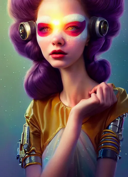 Prompt: pixar portrait 8 k photo, beautiful shiny white rich galactic prima ballerina clowncore russian cyborg college girl, golden ratio details, sci - fi, fantasy, cyberpunk, intricate, decadent, highly detailed, digital painting, ever after high, octane render, artstation, concept art, smooth, sharp focus, illustration, art by artgerm, loish, wlop