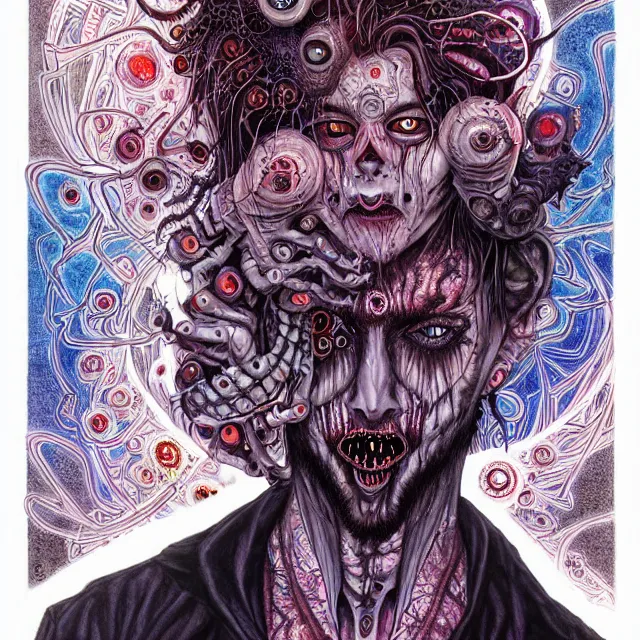 Prompt: symmetrical, complex, copic markers, spiritual horror lsd art in muted colors, disturbing grunge still of a lovecraftian demon infested guy flirting with you, by arthur adams, by tom bagshaw, by henry asencio, by kikuchi hideyuki