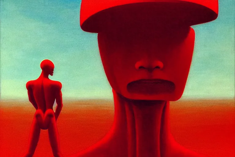 Image similar to only with red, a red samurai humanoid, tokio futuristic in background, yokai, in the style of beksinski, parts by edward hopper, parts by rodcenko, parts by yue minjun, intricate and epic composition, red by caravaggio, insanely quality, highly detailed, masterpiece, red light, artstation, 4 k