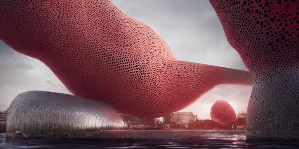 Image similar to An epic architectural rendering of a blob shaped trypophobia house with a mysterious red glow emitting from inside in a modern cityscape next to a river, by Zaha Hadid and Greg Rutkowski, tunning, gorgeous, golden ratio, photorealistic, featured on artstation, 4k resolution