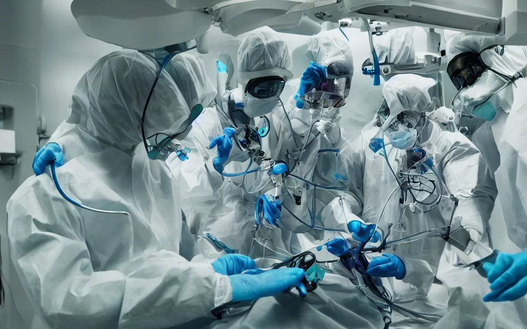 Image similar to medical, diverse medical cybersuits team, heart operation, clean green, visor, macro, biological, wide wide angle, vivid, elaborate, highly detailed, hospital lighting