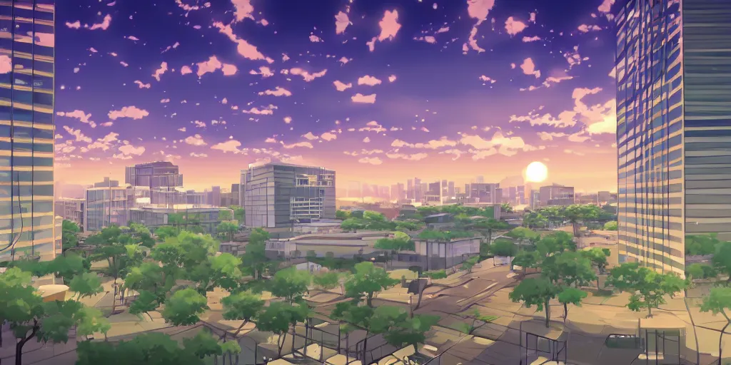 Prompt: beautiful anime background of an office building, evening