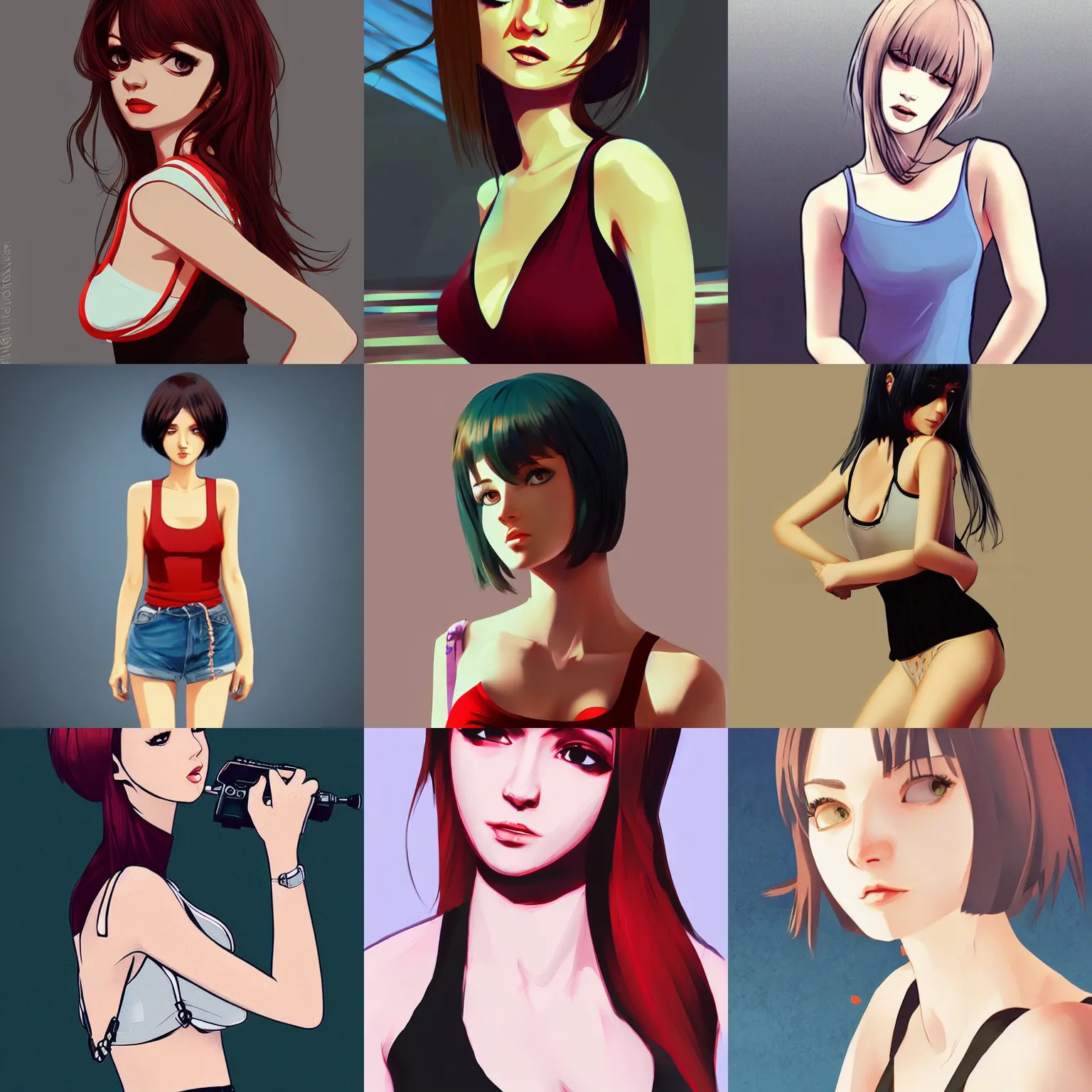 Prompt: sexy russian girl, sexy girl wearing low cut tanktop, in the style of ilya kuvshinov