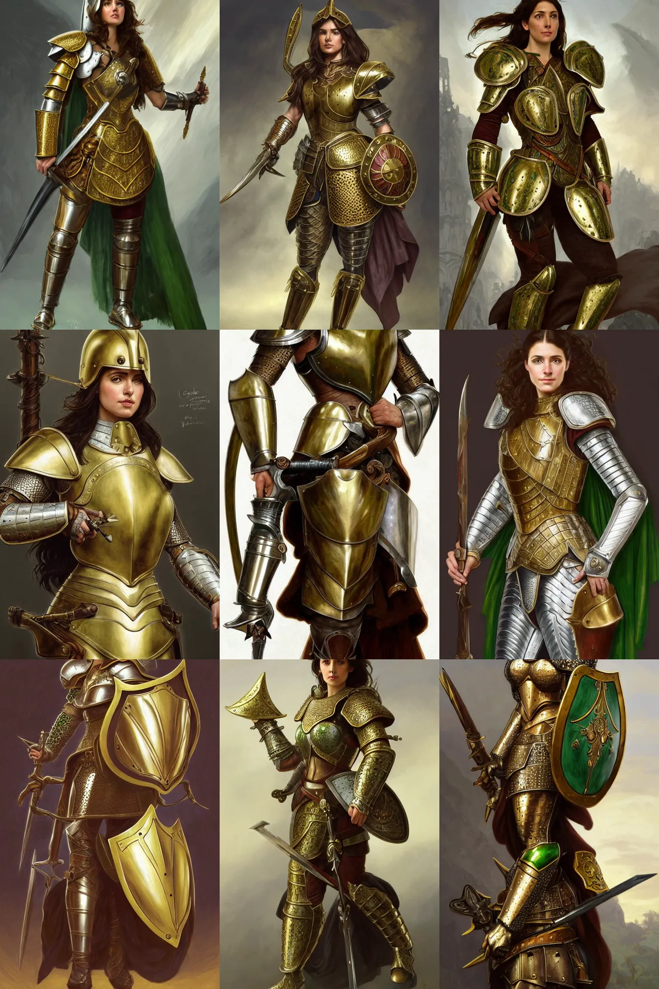 Prompt: full body portrait of a female italian warrior medium length brown hair and a very highly detailed face wearing elegant golden plate mail armor with green and white accents, holding a large tower shield and a long flintlock pistol, highly detailed, digital fantasy painting, artstation, character concept art, sharp focus, illustration, art by artgerm and greg rutkowski and alphonse mucha