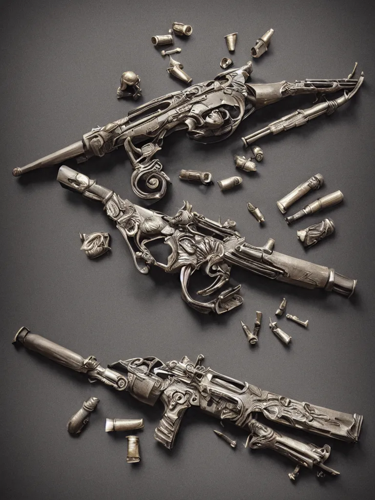 Prompt: carving sculpture of machine guns shotguns rifles revolvers bullets, in a dark room, dark vintage paperback cover, ultrarealistic, intricate details, kitbash, cinema4d, concept art 4k