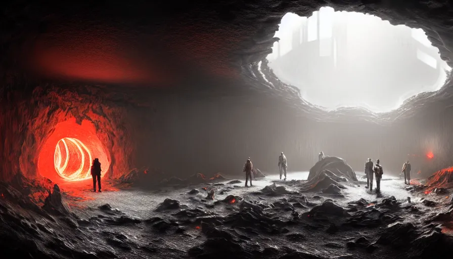 Image similar to high tech nomands exploring abandoned laboratory in volcanic cave, research station, hot lava, scifi, dark scifi, space horror, light, shadows, reflections, steam, epic composition, intricate, elegant, volumetric lighting, digital painting, highly detailed, artstation, sharp focus, illustration, concept art, ruan jia, steve mccurry