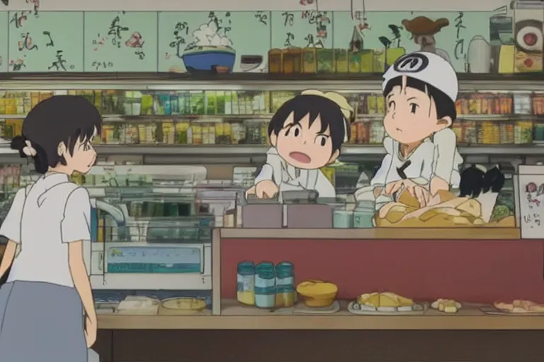 Image similar to studio ghibli anime film about a girl and her best friend panda working at a deli, miyazaki movie