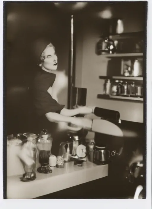 Image similar to a woman making coffee, flash polaroid photo by george hurrell,