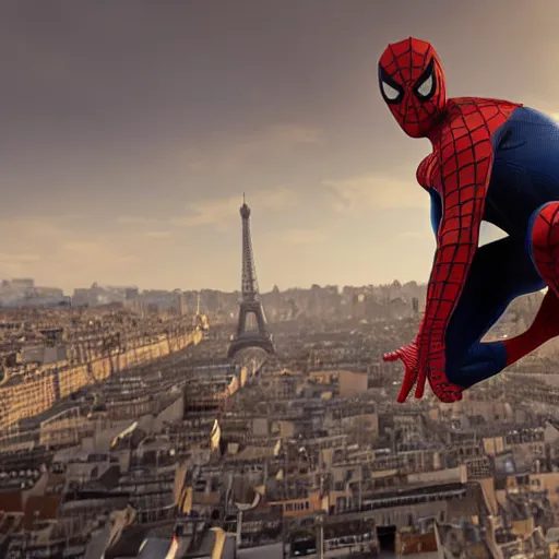 Image similar to a film portrait still of spiderman mile morales from paris, unrealengine 5. realism, cinematic lighting, highly detailed spider - man, 4 k. 8 mm. grainy. panavision.