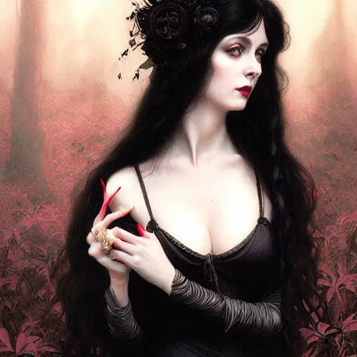 Image similar to beautiful striking Pre-Raphaelite goth Elvira Mistress of the Dark by Artgerm and Greg Rutkowski, pale, intricate, elegant, highly detailed, digital painting