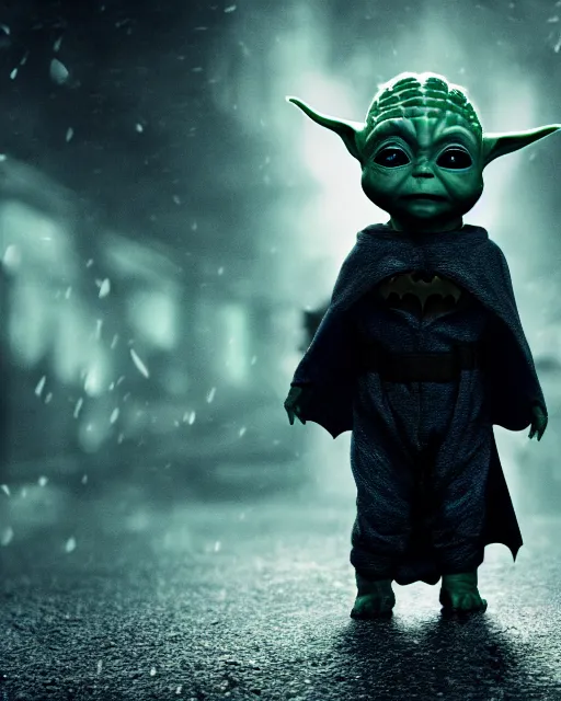 Image similar to epic closeup cinematic still of baby yoda as batman wearing batman costume with batcape as batman in atmospheric rainy alleyway in the style of batman the dark knight rises, 8 k backlit, rim lighting, dramatic moonlight lighting, beautiful composition