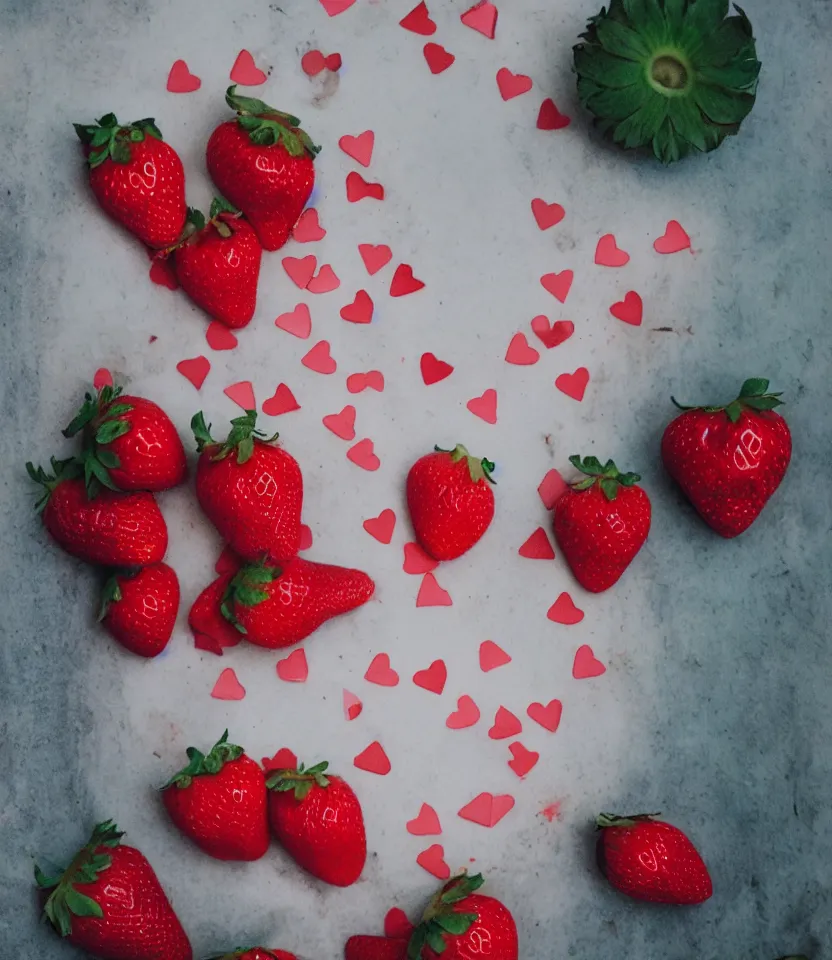 Image similar to the long red heart of a strawberry instamatic polaroid flash photography