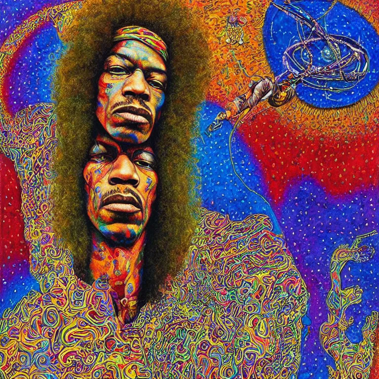 Image similar to colorfull artwork by Mati Klarwein showing a portrait of Jimi Hendrix as a futuristic space shaman