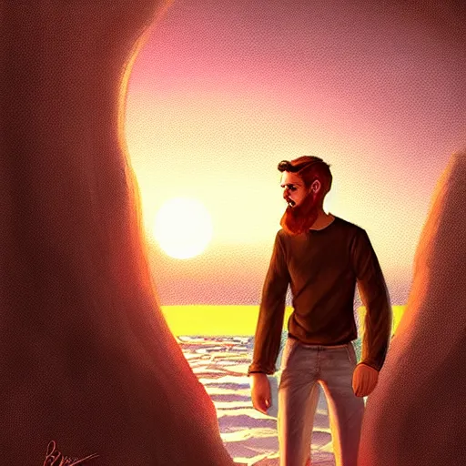 Image similar to young man with a trimmed beard, beautiful sunset, high definition, concept art, digital painting, art by Bowater and Charlie