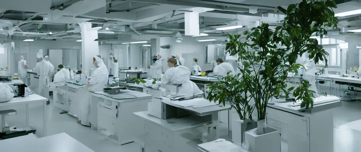 Image similar to movie still 4 k uhd 3 5 mm film color photograph of a clean white futuristic minimal biology lab full of plants