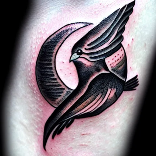 Image similar to tattoo design of black bird and crescent moon, highly detailed, intricate