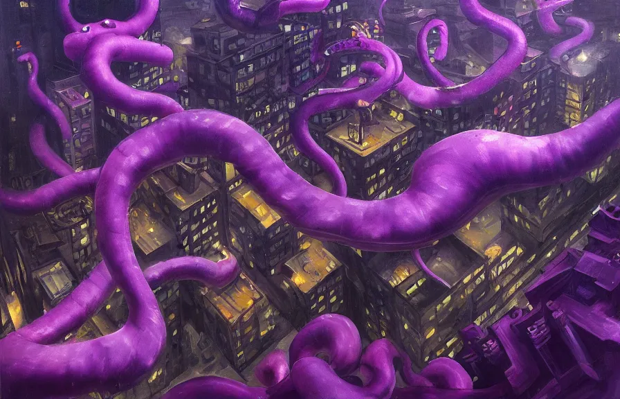 Image similar to aerial!!!! view looking down on a giant purple octopus monster moving through!!! buildings in a dark, dim, detailed city, extremely detailed!!! oil painting, dull palette, dramatic lighting, trending on artstation