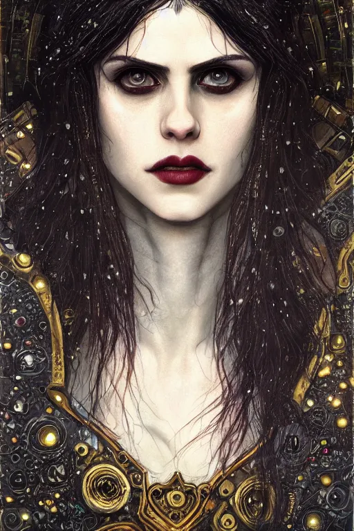 Image similar to portrait of beautiful gothic Alexandra Daddario, cyberpunk, Warhammer, highly detailed, artstation, illustration, art by Gustav Klimt