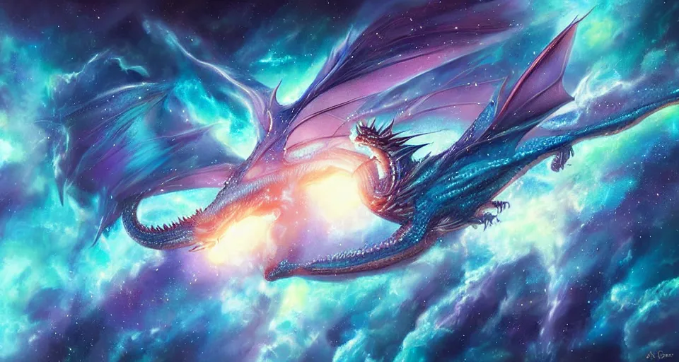 Prompt: large blue dragon flying through nebula, by artgerm