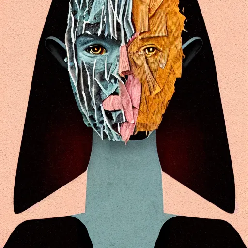 Image similar to face shredded like paper as skin peeling, dark, surreal, illustration, by ally burke