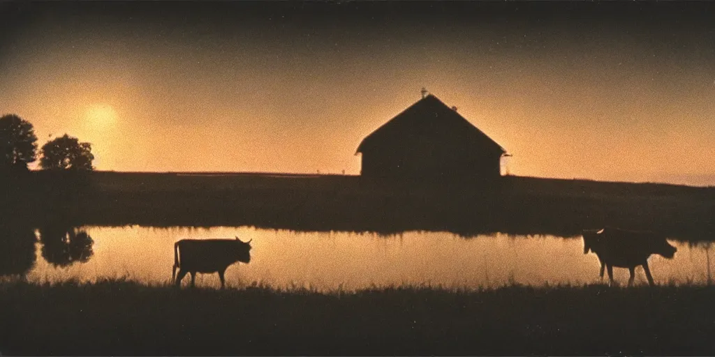 Image similar to detailed medium format photo, polaroid still from tarkovsky movie, a ufo beaming up a cow, at dusk near a small farmhouse, haze, high production value, intricate details, 8 k resolution, hyperrealistic, hdr, photorealistic, high definition, tehnicolor, award - winning photography, masterpiece, amazing colors