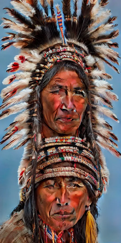 Prompt: portraits of native americans in traditional clothing, hyper realism, high detail, vibrant threads, octane render, 8k