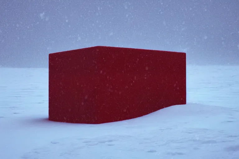 Prompt: a red tesseract buried in snow, surreal frozen landscape, 8 k, cinematic lighting, by beeple and zdzisław beksinski