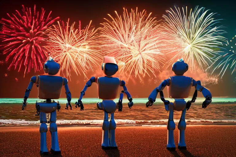 Image similar to happy robots watching the fireworks at the beach, new year, 8k, beatiful, high detail, high resolution