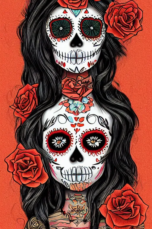 Image similar to illustration of a sugar skull day of the dead girl, art by lixin yin