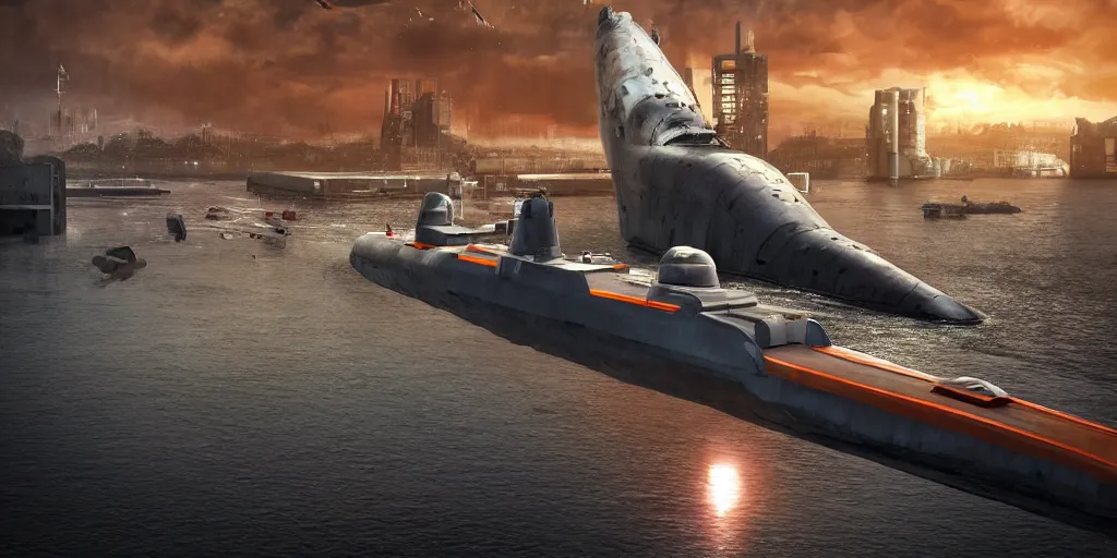 Prompt: highly detailed futuristic submarine warship with red and orange glow, on the background brutalist architecture by Le Corbusier, abandoned buildings, empty streetscapes, surrounded by lush green vegetation, ground-level view, puddles of water, stunning volumetric lighting, sunset, trending on Artstation, 8k, photorealistic, hyper detailed, unreal engine 5, cinematic, epic lighting, cryengine, octane render, cyberpunk, dark, gloomy