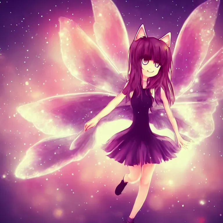 Image similar to cute, full body, female, anime style, a cat girl with fairy wings, large eyes, beautiful lighting, sharp focus, simple background, creative, heart effects, filters applied, illustration