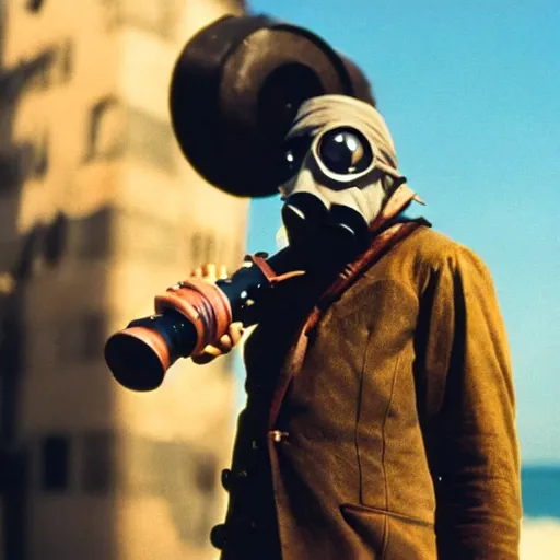 Image similar to a pirate wearing a gasmask holding a mini cannon, film still, arriflex 3 5