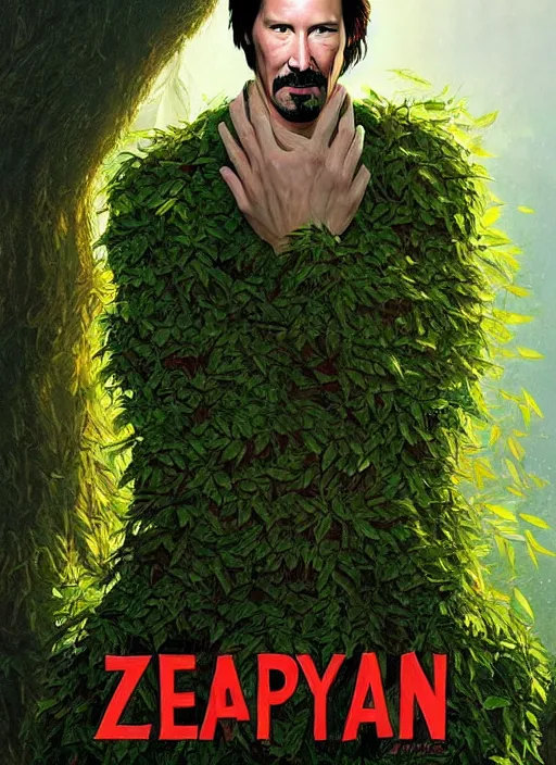 Image similar to highly detailed comedy caper movie poster with silly wacky zany keanu reeves as a sentient pile of leaves, keanu reeves green face as a sentient leafy bush by greg rutkowski, masterpiece, really funny, 1 0 / 1 0 comedy