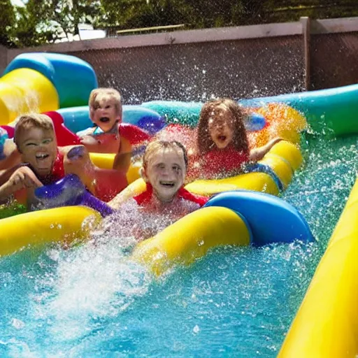 Prompt: kids coming down a waterslide in the style of pixar